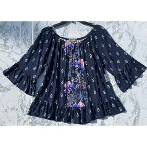 Style & Co Womens Navy Blue Floral Top w ruffle sleeves and hem Medium